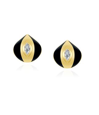 Terra Nova 18K Yellow Gold and Marquise Diamond with Black Enamel Handcrafted Studs