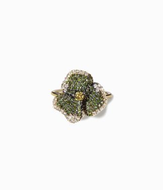 Bloom Small Flower in 18K Yellow Gold and Green Diamonds Yellow Sapphires Ring
