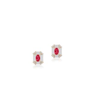 Queen 18K Yellow Gold Octagon White Enamel with Ruby and Diamonds Stud Earrings