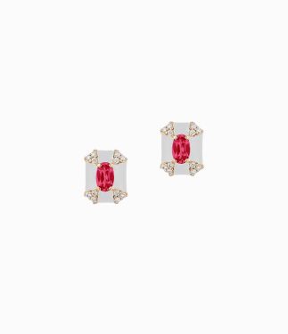 Queen 18K Yellow Gold Octagon White Enamel with Ruby and Diamonds Studs Earrings
