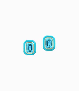Queen 18K Yellow Gold Blue Topaz Emerald Cut with Turquoise Enamel Studs Earrings