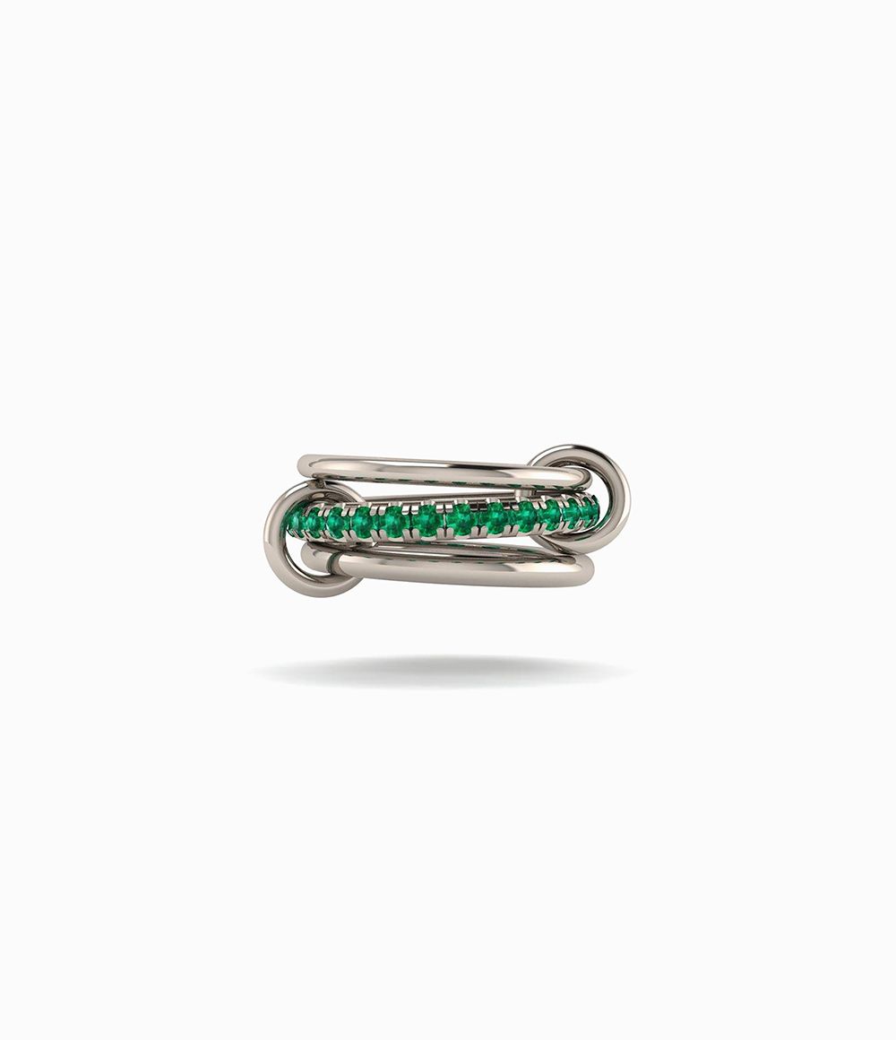 Petunia in Sterling Silver and Emerald with Two Sterling Silver Connector Three Linked Ring